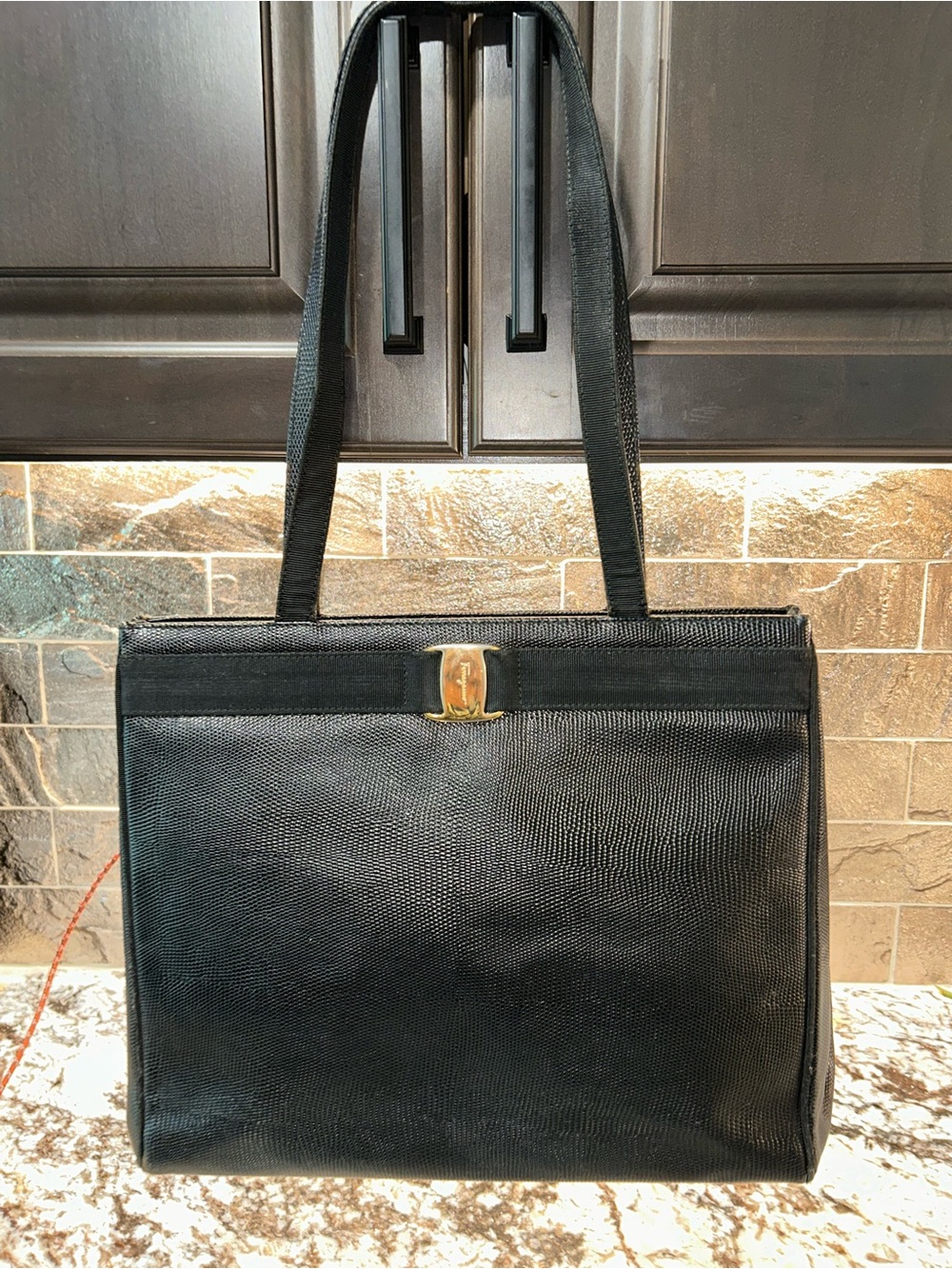 Salvatore Ferragamo Black Shoulder Bag with Gold Gancini Accent